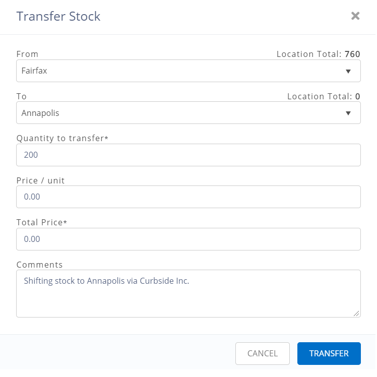 Transferring stock at different locations