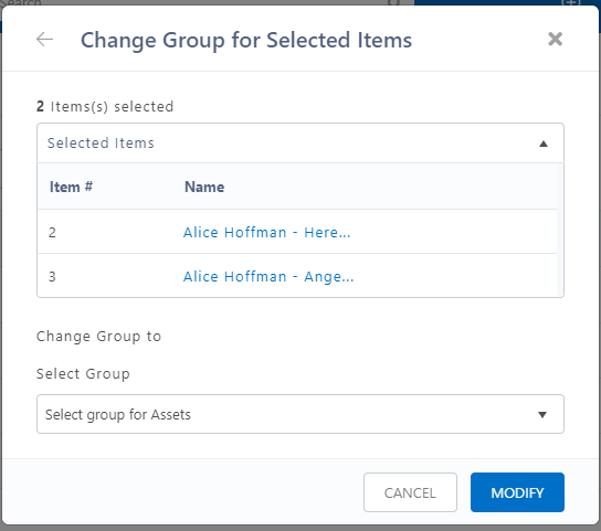Mass change groups of items