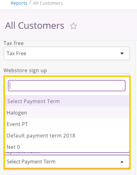filters for choosing payment term