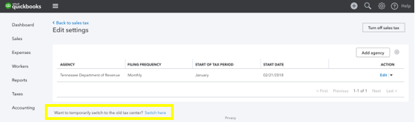 quickbooks online old sales tax center switch