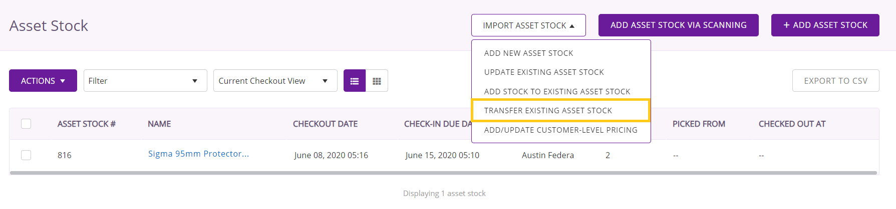 Transfer existing asset stock