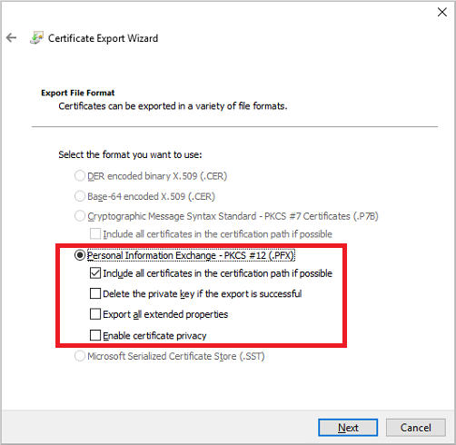 exported certificate format
