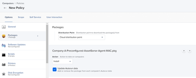 Create and configure a policy for installing the AssetSonar Agent 5