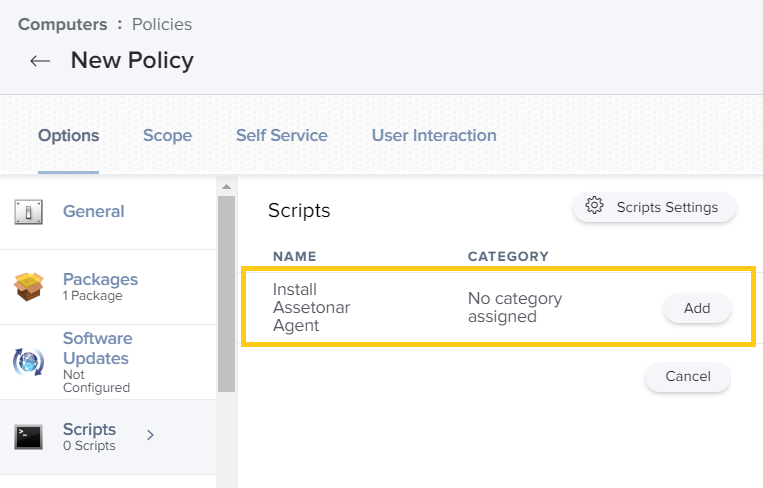 Create and configure a policy for installing the AssetSonar Agent 6