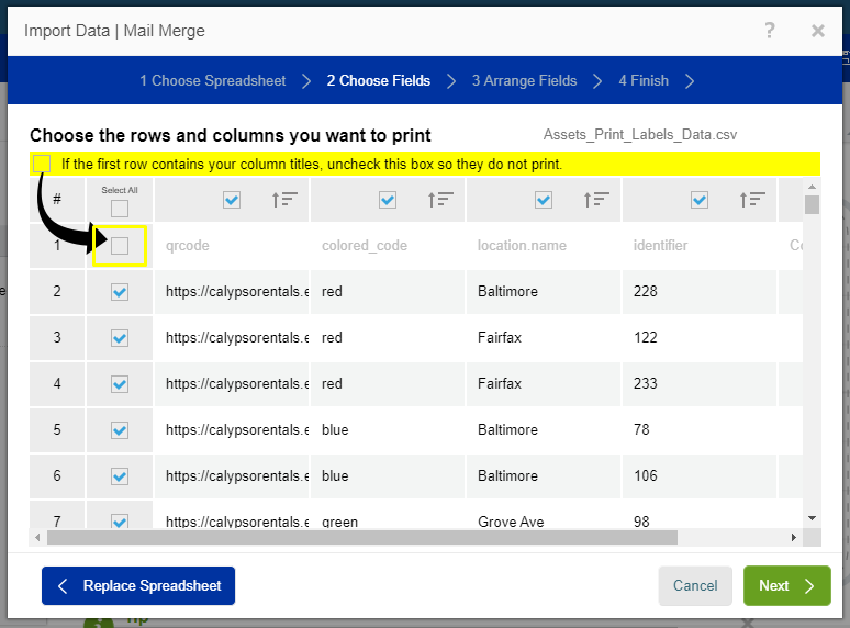 select rows and columns to add to labels