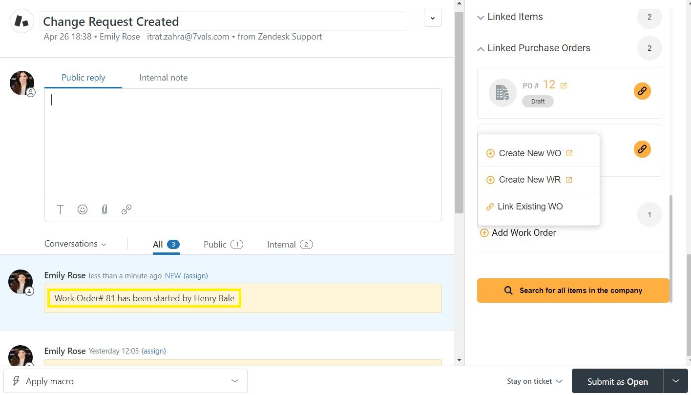 When you create a new WO, the Zendesk ticket is updated with a message highlighting the action.
