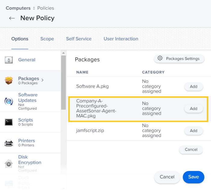 Create and configure a policy for installing the AssetSonar Agent 4