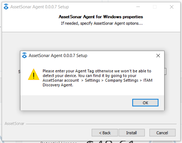Re-install the AssetSonar Agent and input the correct Agent tag