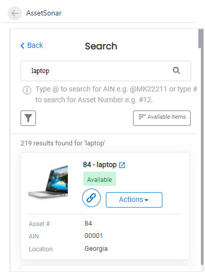 Quick access search on AssetSonar