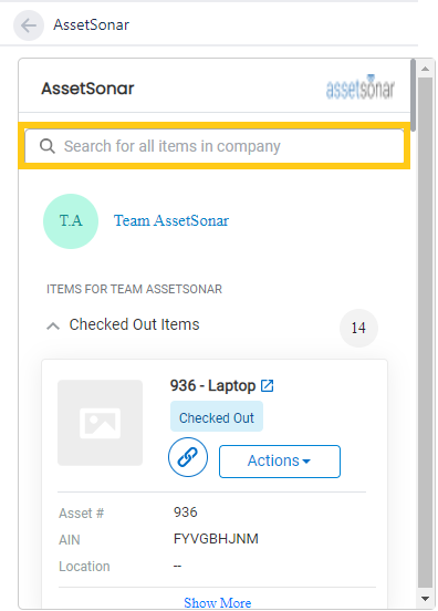 Quick access search on AssetSonar