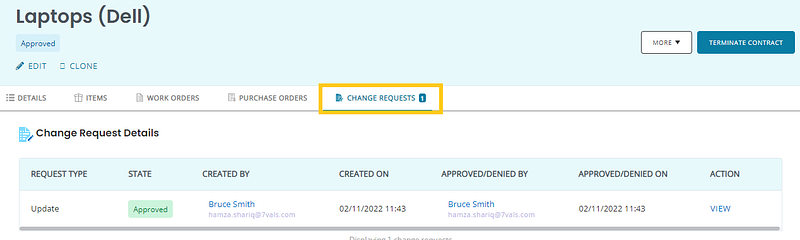 Change Request on Contract details page