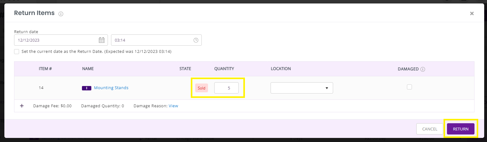 Input quantity to be returned and click RETURN