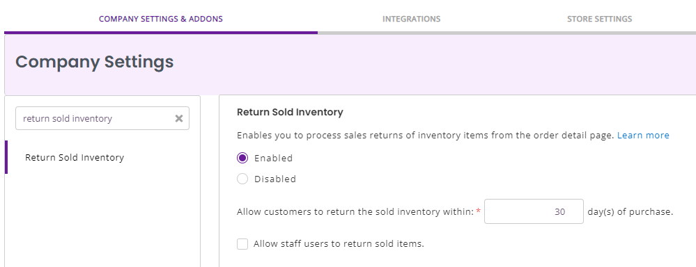 Find 'Return Sold Inventory' in Company Settings