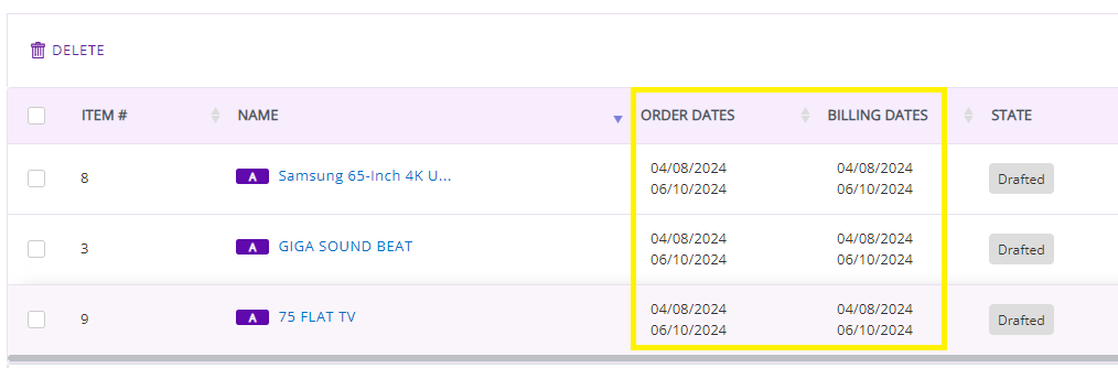 Enable the Order Dates and Billing Dates columns in the Orders details page